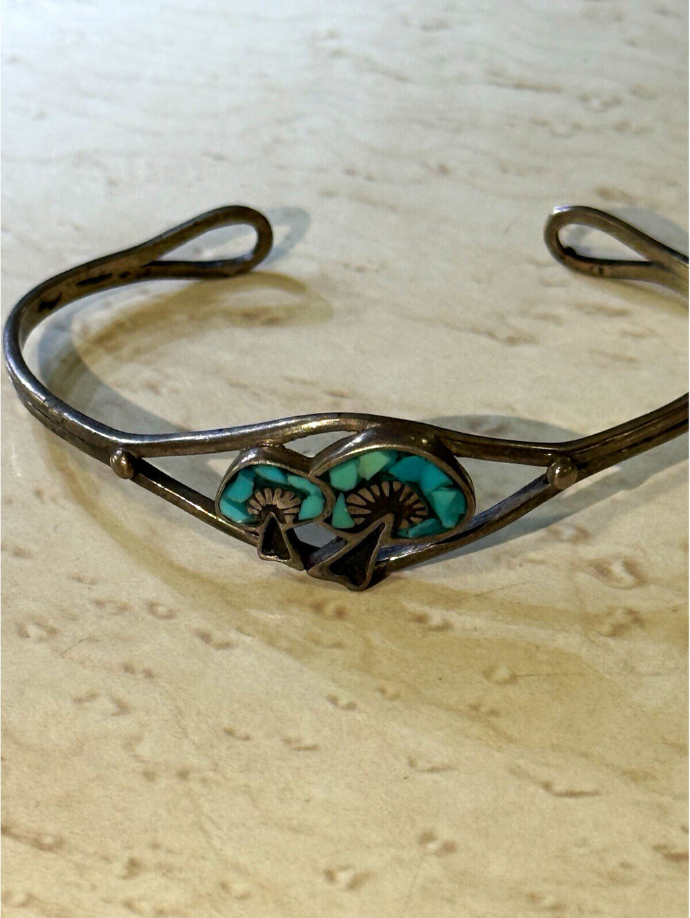 Vintage Sterling Silver Turquoise Inlay Mushroom Cuff Bracelet 8g Southwest